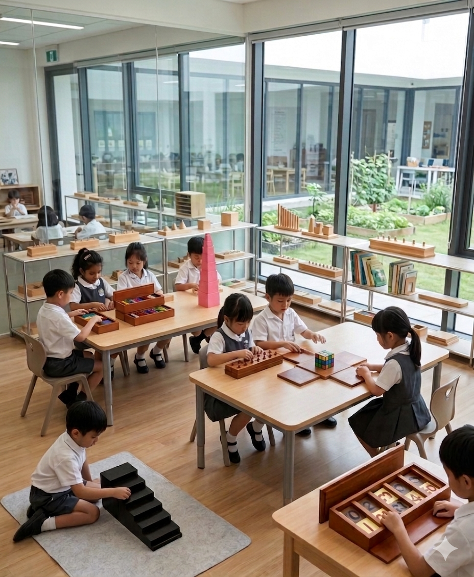 Bright Montessori classroom with children engaged in learning activities
