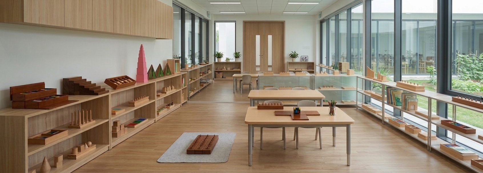 Wide modern Montessori classroom with wooden shelves and garden view