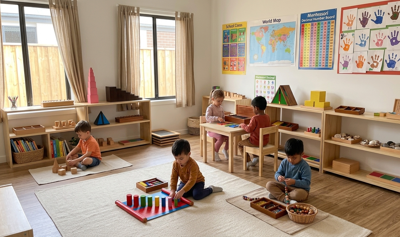 Colorful Montessori kindergarten classroom